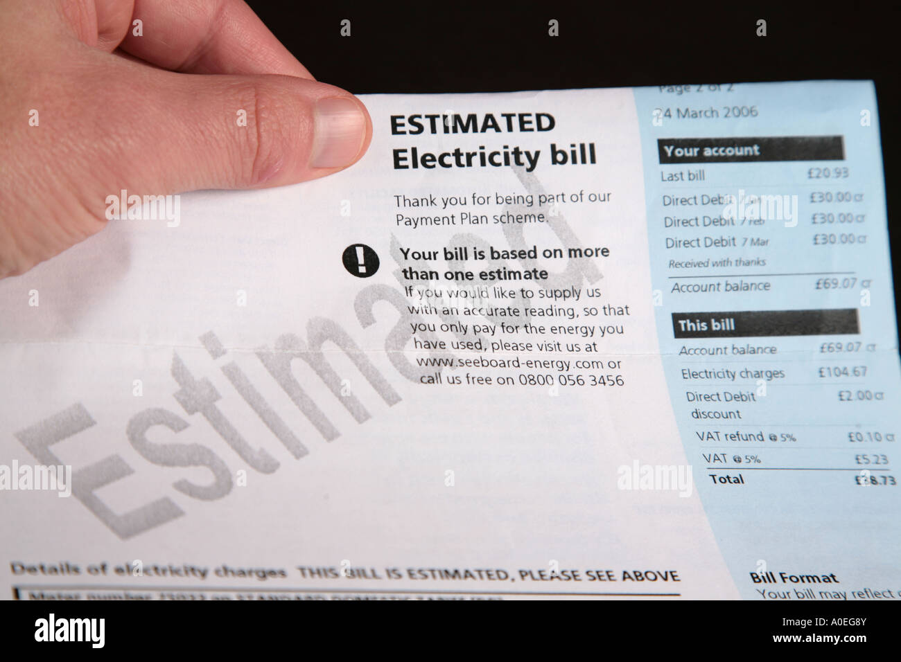 Stimato bolletta elettrica Foto Stock