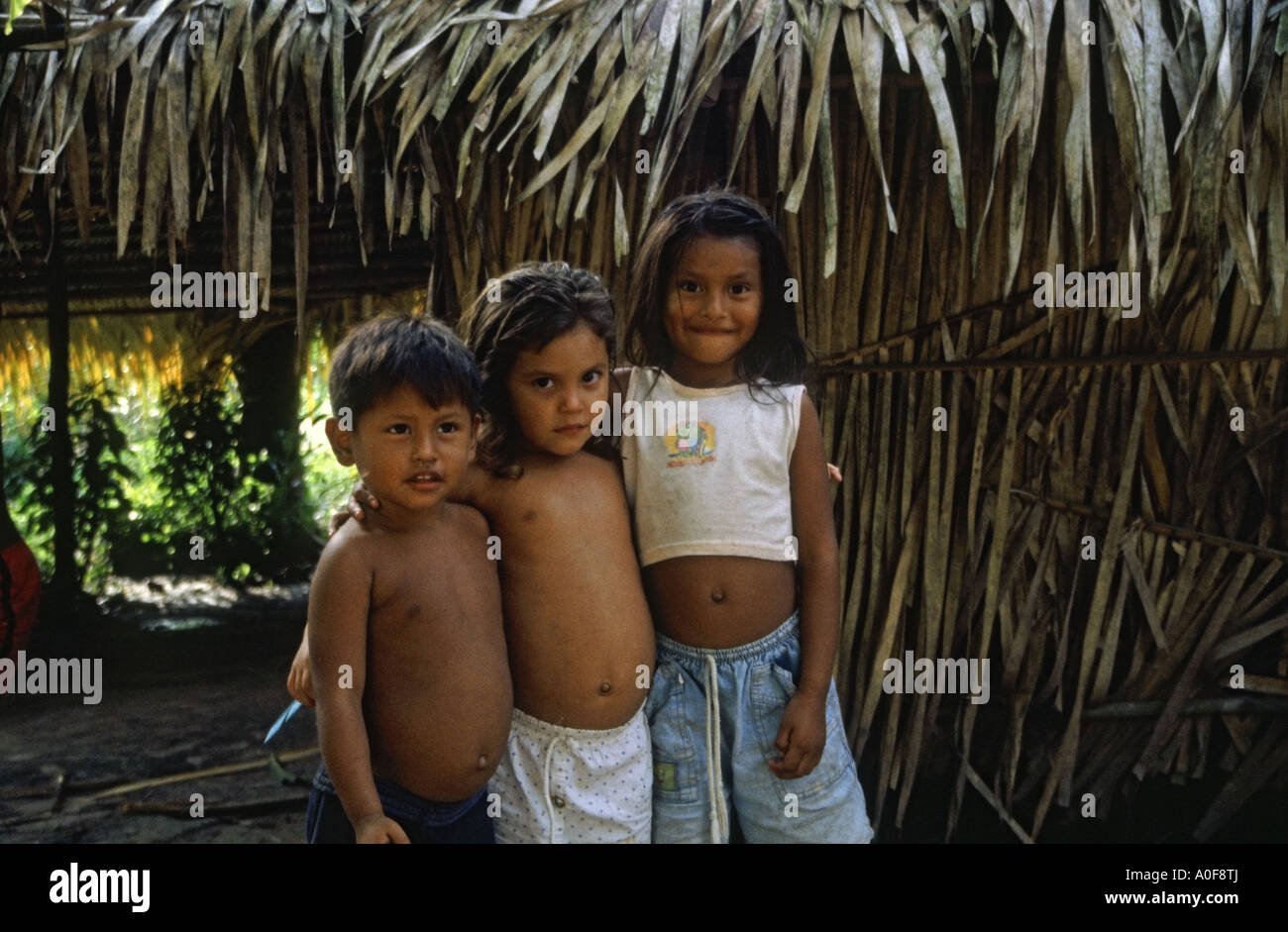 Tre bambini tribali in una foresta pluviale amazzonica Ariau villaggio vicino a Manaus Brasile Foto Stock