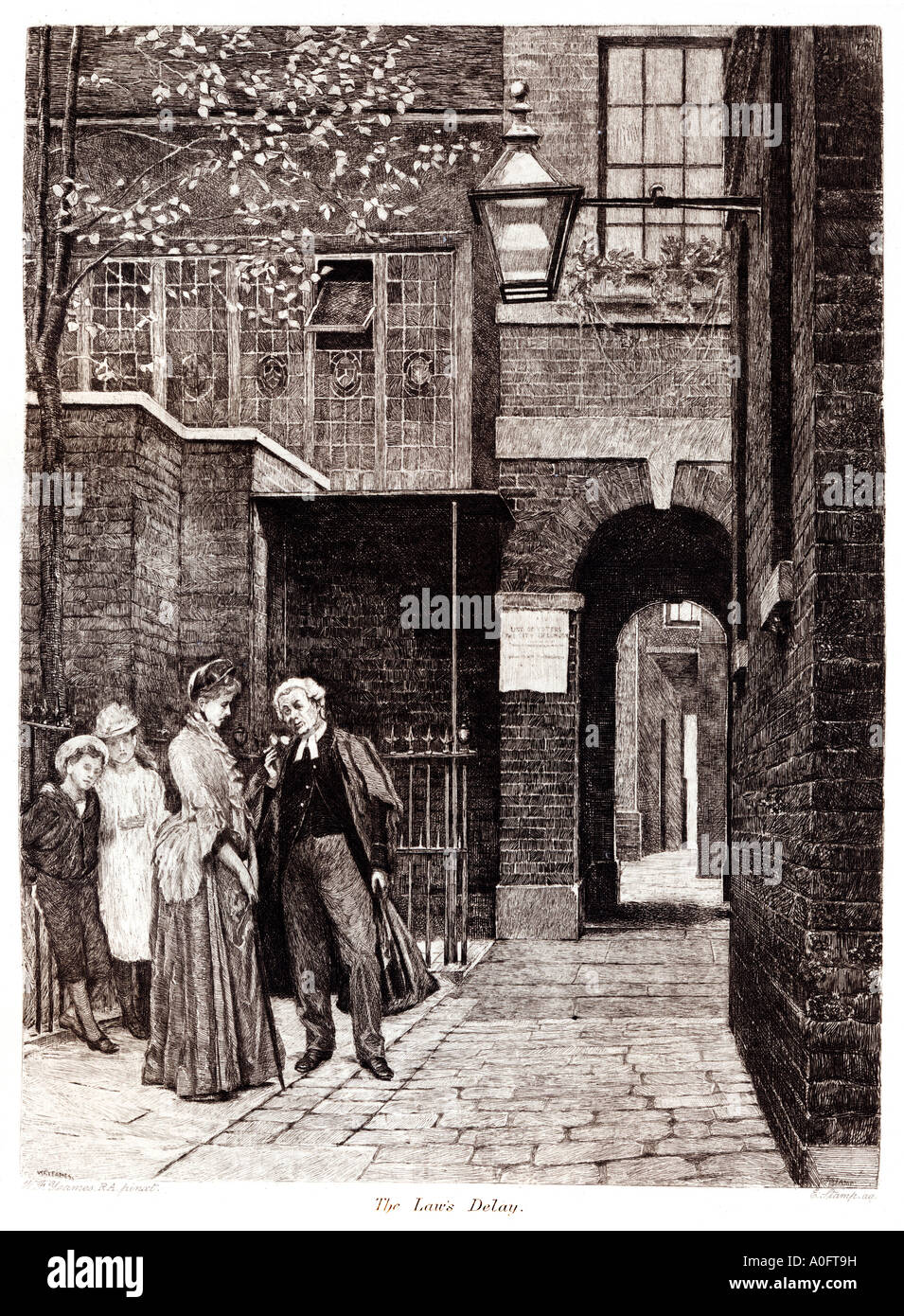 Il ritardo di leggi tardo vittoriana di incisione di WF Yeames di un avvocato in una strada di Londra tenuto da una signora Foto Stock