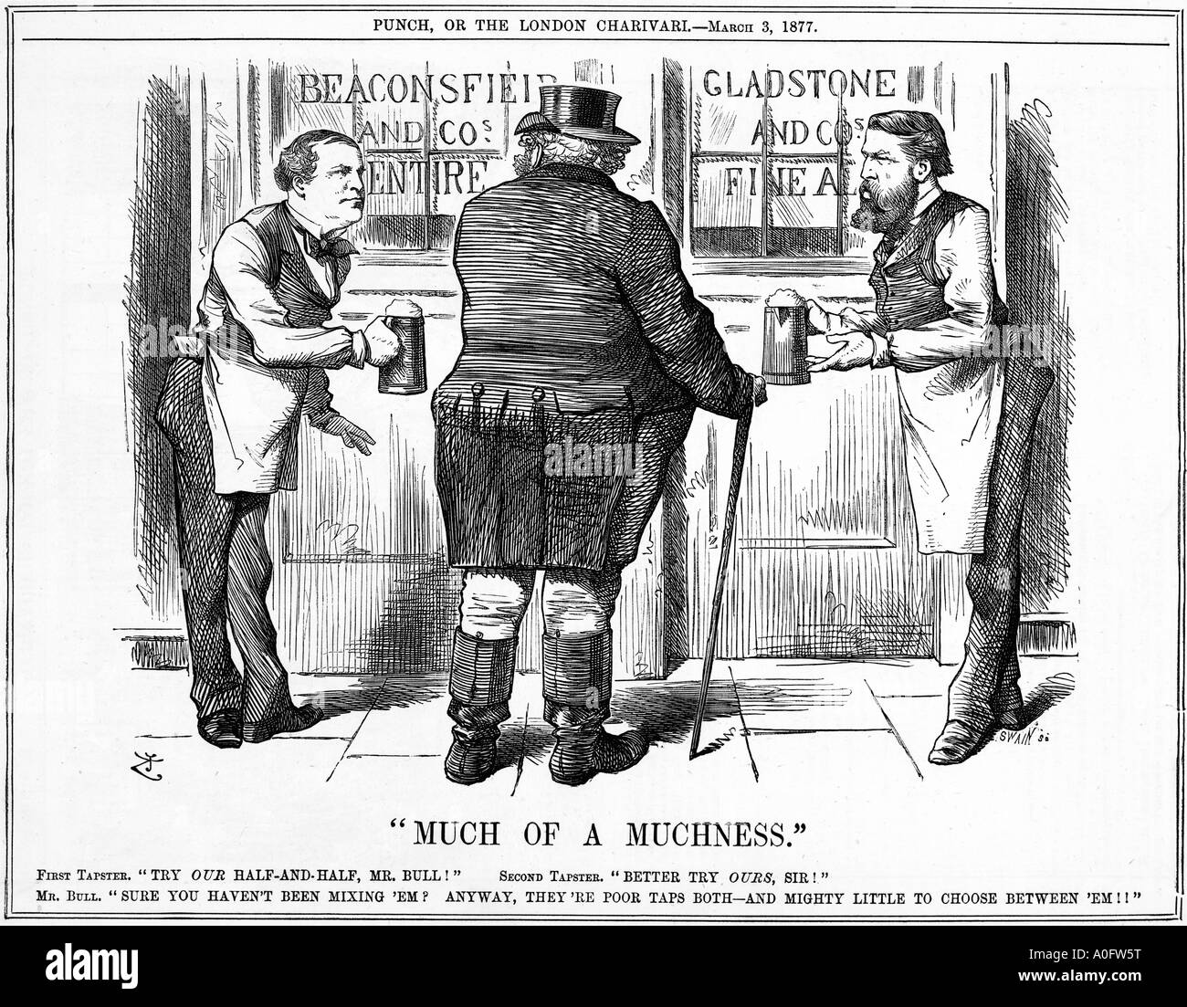 Disraeli e Gladstone molto di un Muchness gli statisti come baristi stuzzicare gli elettori John Bull con la loro birra Foto Stock