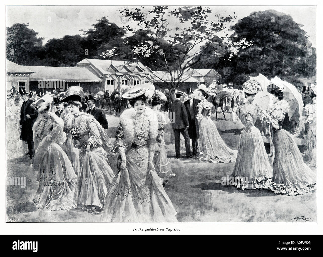 Il Paddock di Ascot 1905 su Gold Cup giorno come la crema di Edwardian società sfilata con i loro cavalli da corsa Foto Stock