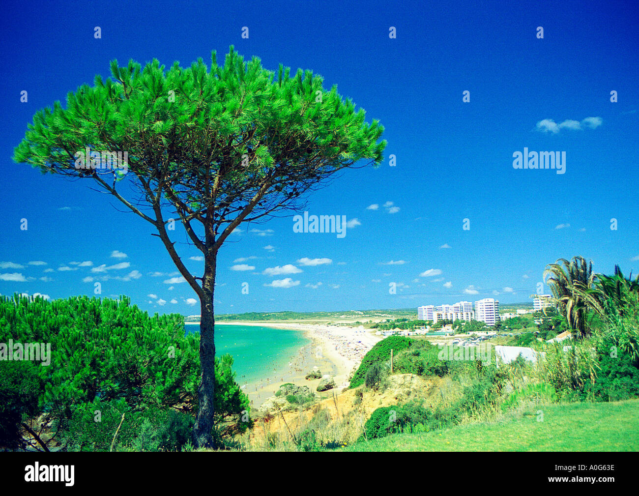 Alvor spiaggia da una scogliera nei pressi di Prainha Beach Alvor Algarve Portogallo Foto Stock