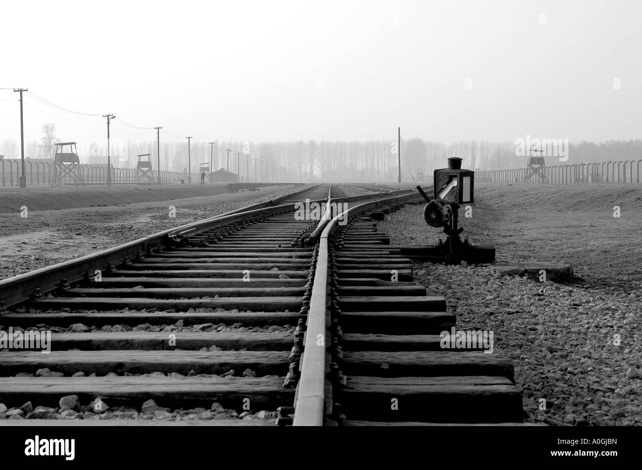 Close-up di fine della linea ferroviaria ad Auschwitz - Birkenau campo di concentramento nei pressi di Cracovia in Polonia. Foto Stock