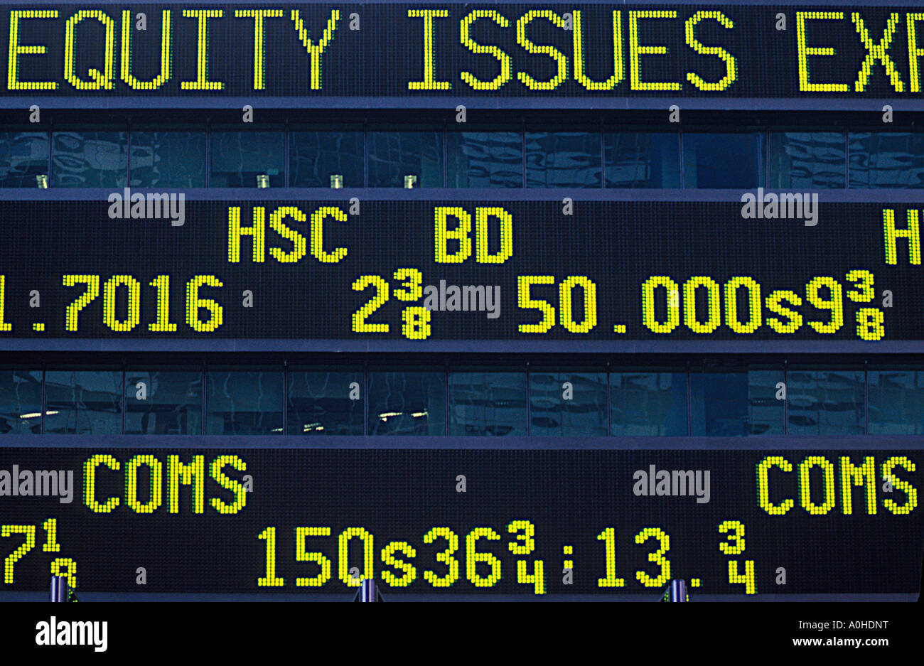 Borsa di New York i prezzi del mercato azionario di Wall Street sul listing board del nastro del ticker. Dati del mercato azionario. New York, Stati Uniti Foto Stock