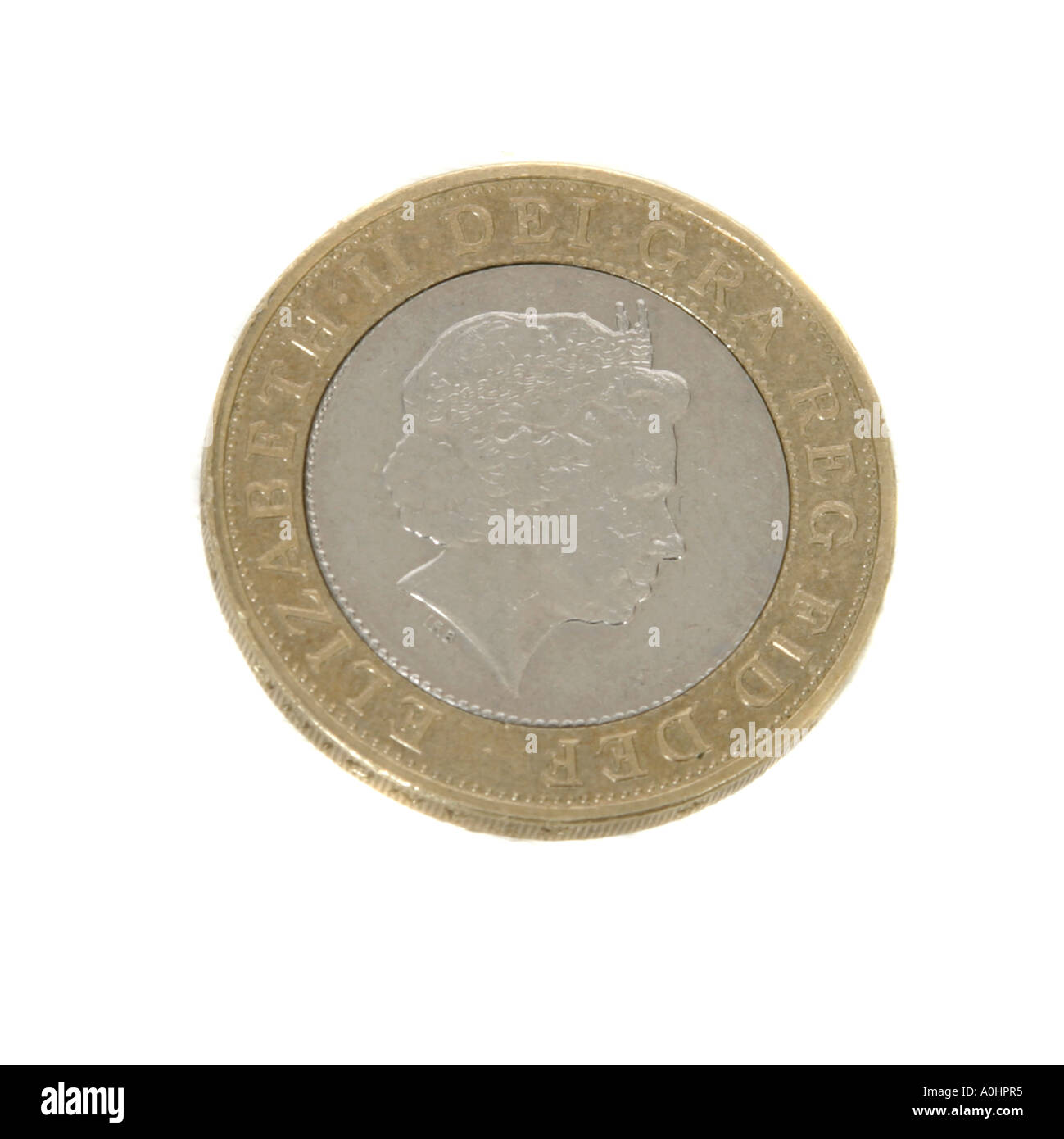 Un britannico due pound coin preso contro uno sfondo bianco Foto Stock