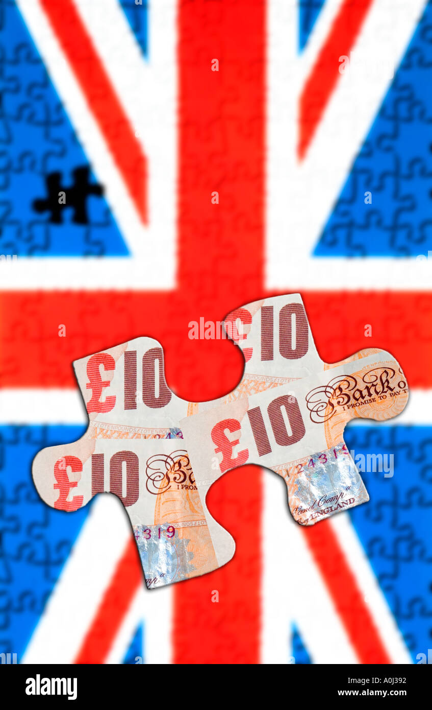 Dieci pound nota pezzo del puzzle con una unione jack puzzle Foto Stock