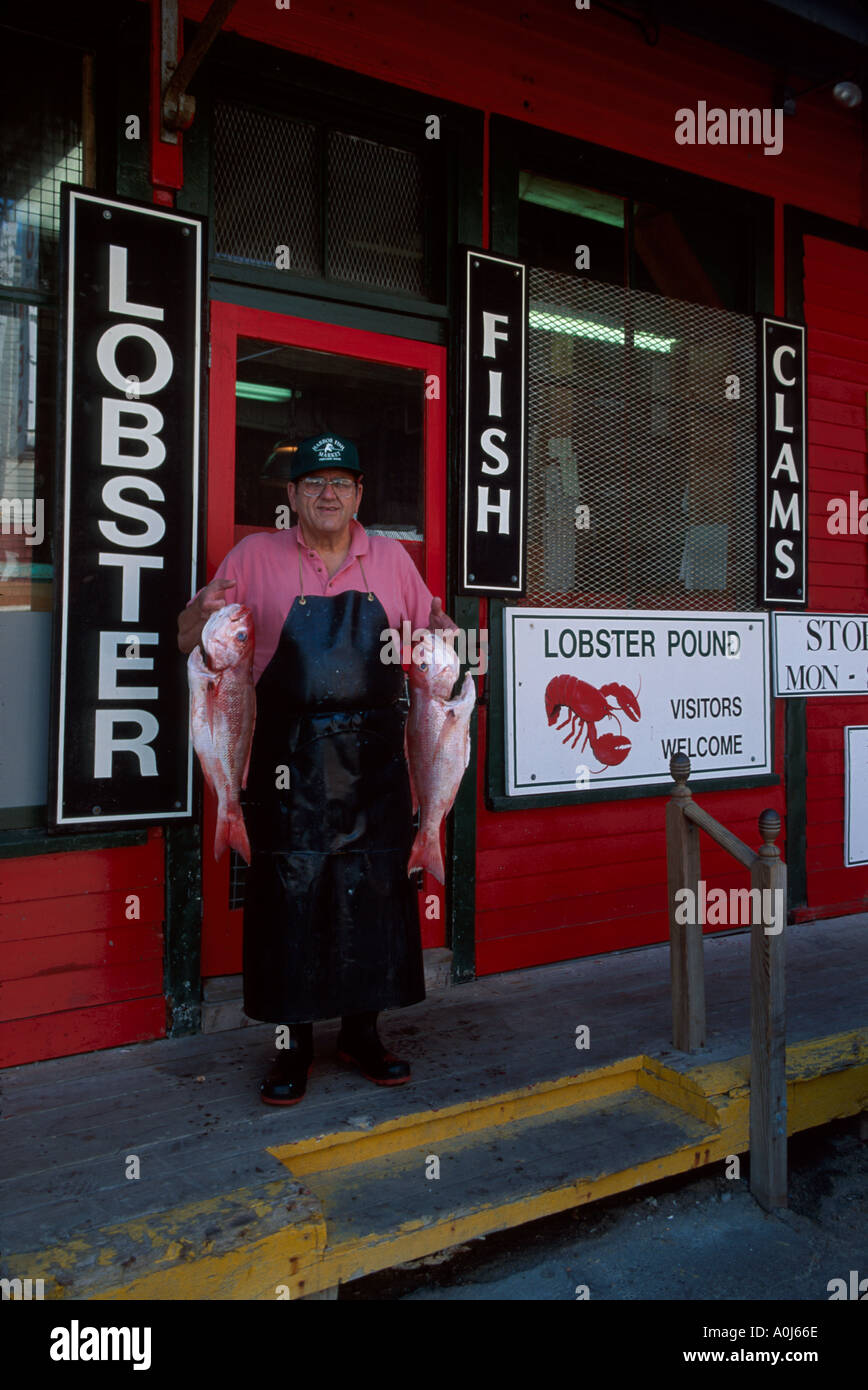 Maine,ME,New England,Down East,Portland,Old Port District Custom House Wharf Harbour Fish Market fish monger red snappers ME128,ME128 Foto Stock