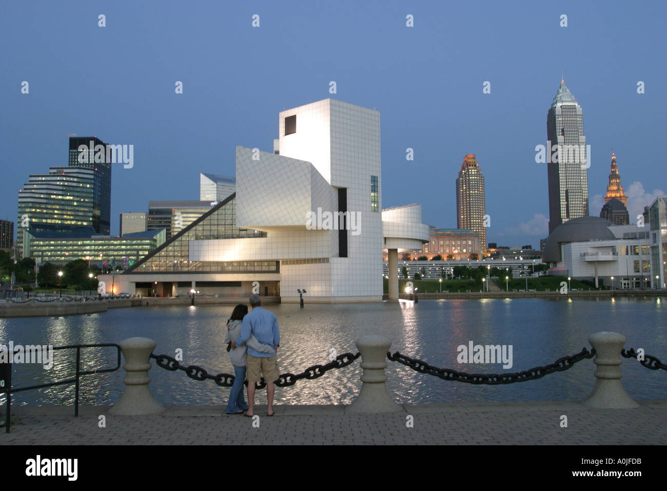 Cleveland Ohio,Lake Erie,Voinovich Park,Rock & Roll Hall of Fame Museum,storia,mostra collezione,promuovere,mostra vendita,cimeli,musica,e Foto Stock