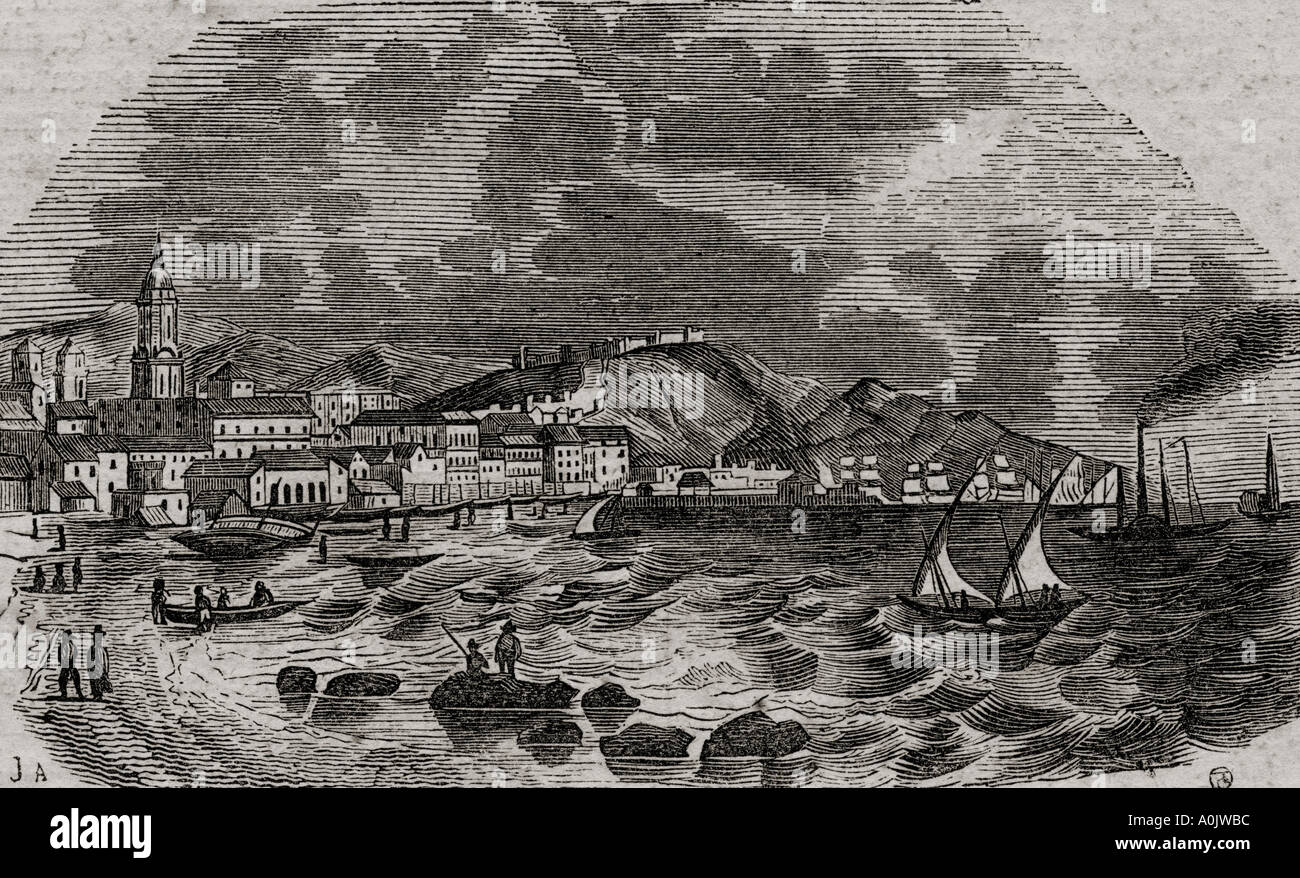 Vista generale del porto e della città di Malaga, Spagna. Il XVIII secolo. Foto Stock