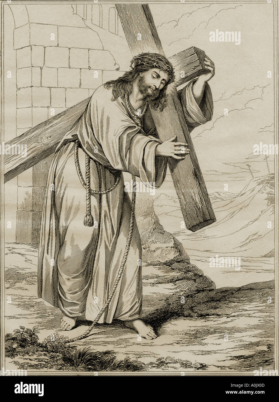 Gesù Cristo porta la sua croce sulla via della sua crocifissione. Foto Stock
