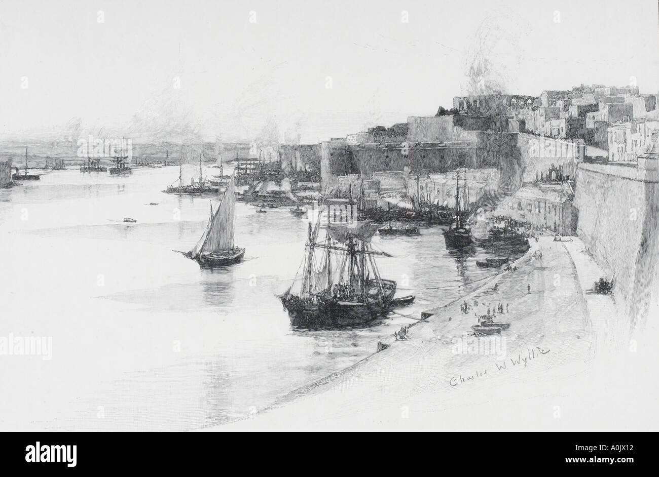 Le banchine del Porto Grande di La Valletta, Malta da Charles William Wyllie, 1859 - 1923, dal pittoresco mediterraneo Foto Stock
