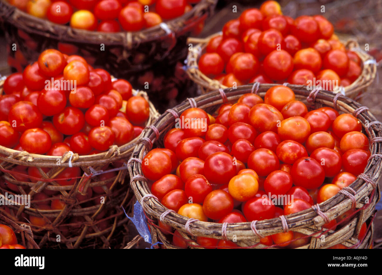 I pomodori in cesti Stone Town market Zanzibar Tanzania Foto Stock