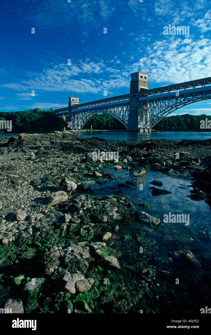 Britannia Bridge e piscine di roccia dello Stretto di Menai Anglesey North West Wales Foto Stock