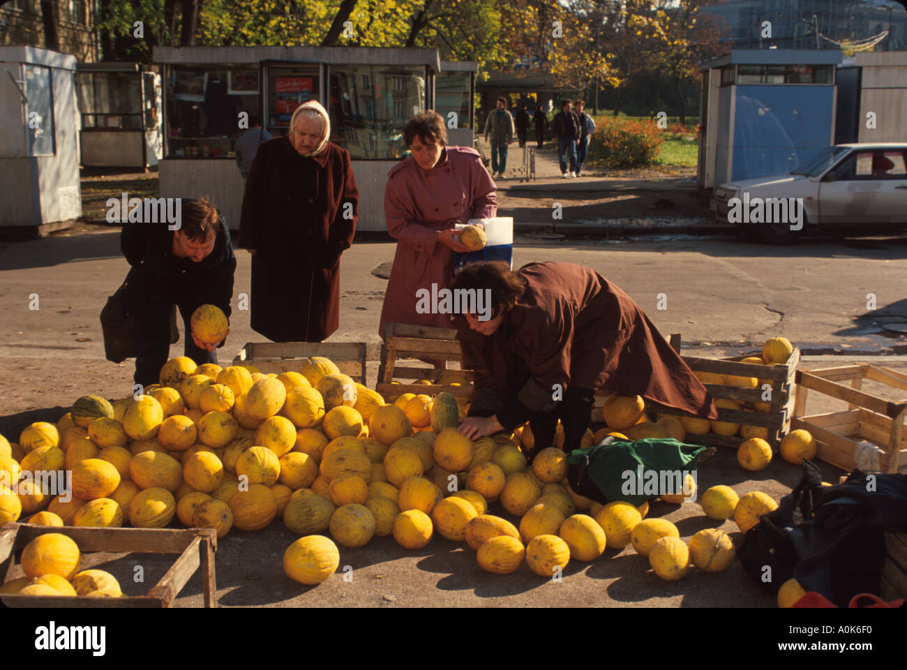 Saint Peterburg Russia,Europa dell'Est europeo,Federazione Russa,produce,frutta,verdura,cibo,venditori bancarelle stand mercato Foto Stock