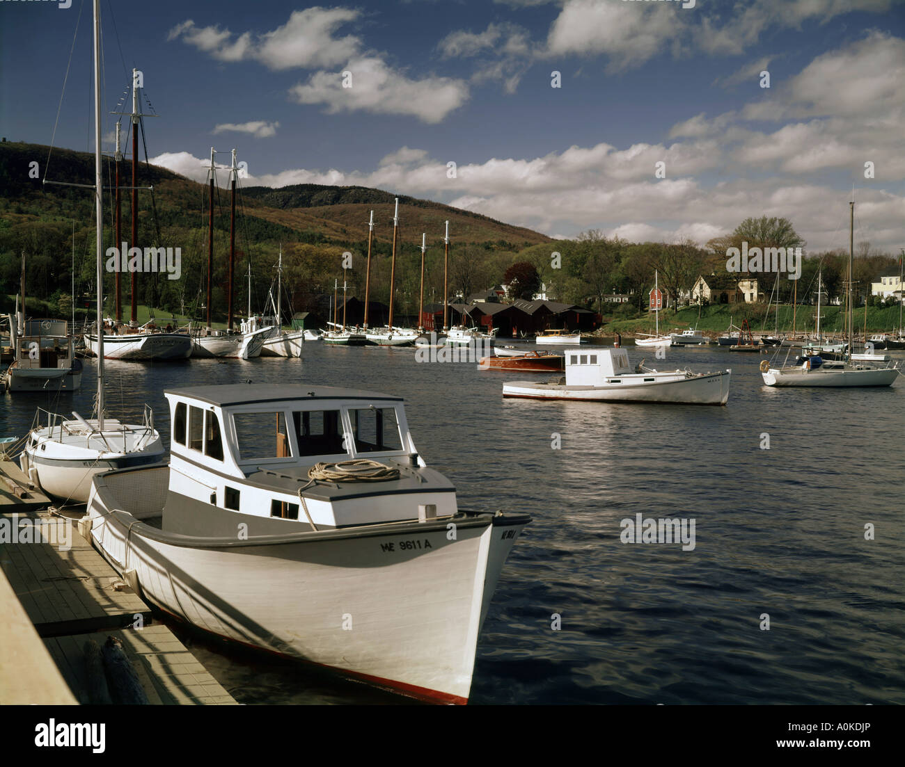 Lobster barche tall masted golette e barche da diporto galleggiante nel porto di Camden sulla costa del Maine Foto Stock