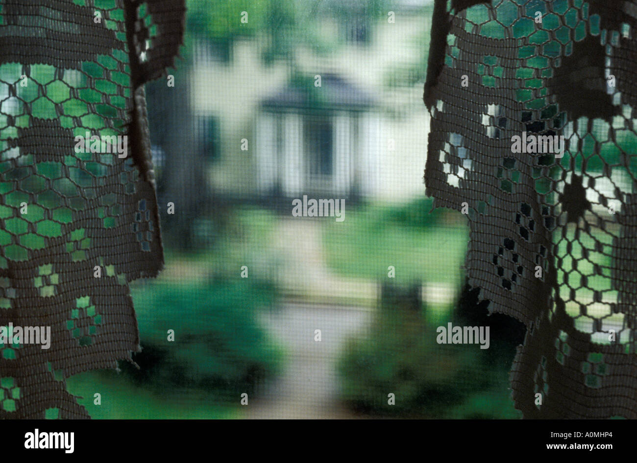 Vicino pizzo dettaglio finestra a tendina casa schermo home vita familiare stile di vita Foto Stock