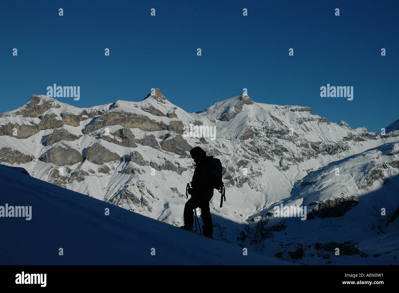 Alpinista di sci a camminare su crinale nevoso, alpi svizzere Svizzera Foto Stock