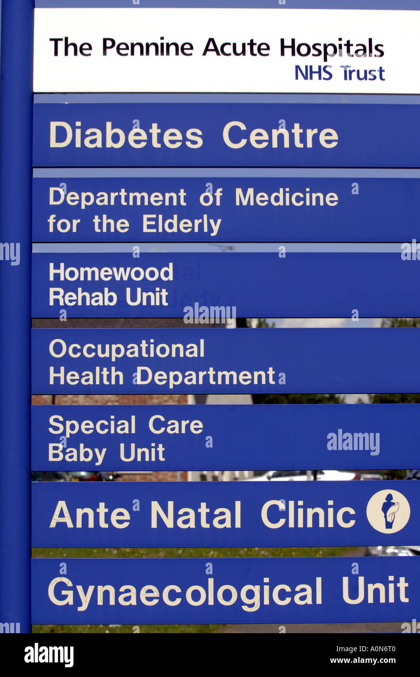 Segno blu Penine Acute Hospitals NHS Trust diabetes center dipartimento di medicina per gli anziani homewood rehab occupazione unità Foto Stock