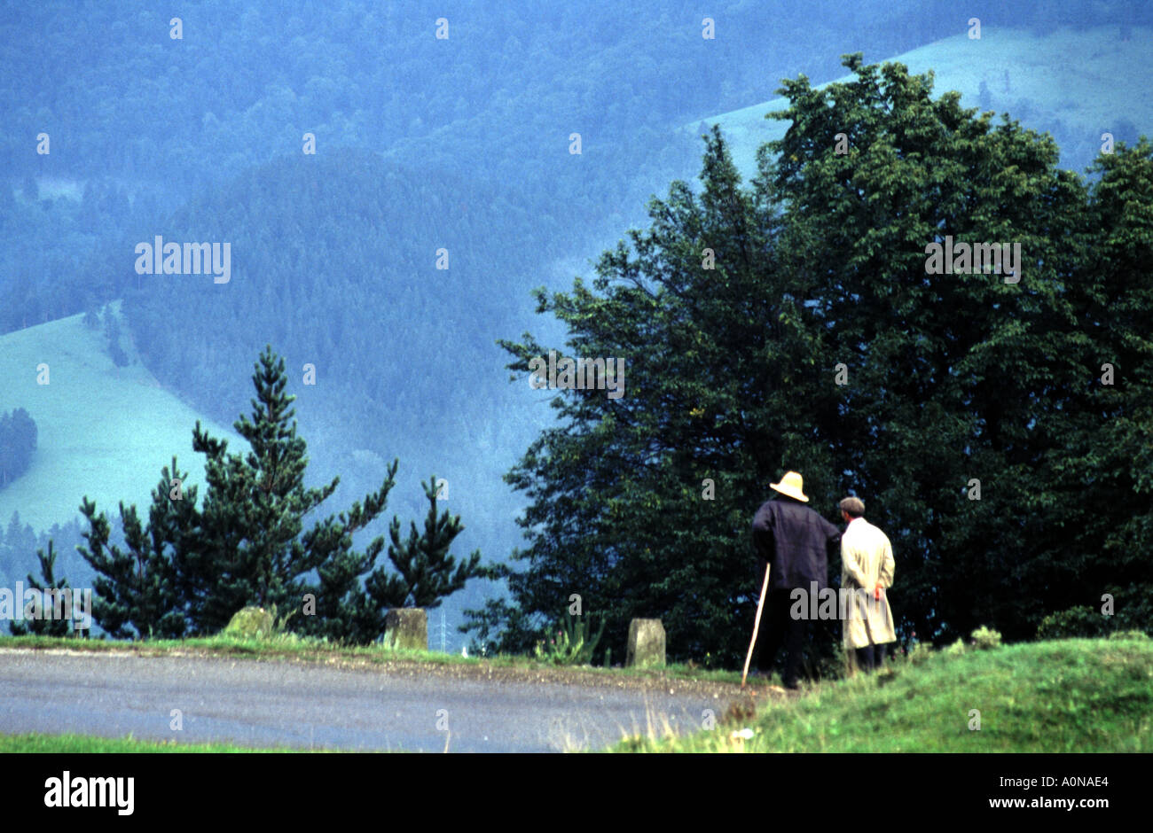 Pastori cercando il loro gregge in Carpatian montagne a nord est della Romania Neamt Dipartimento Moldavia Romania Pasqua Foto Stock