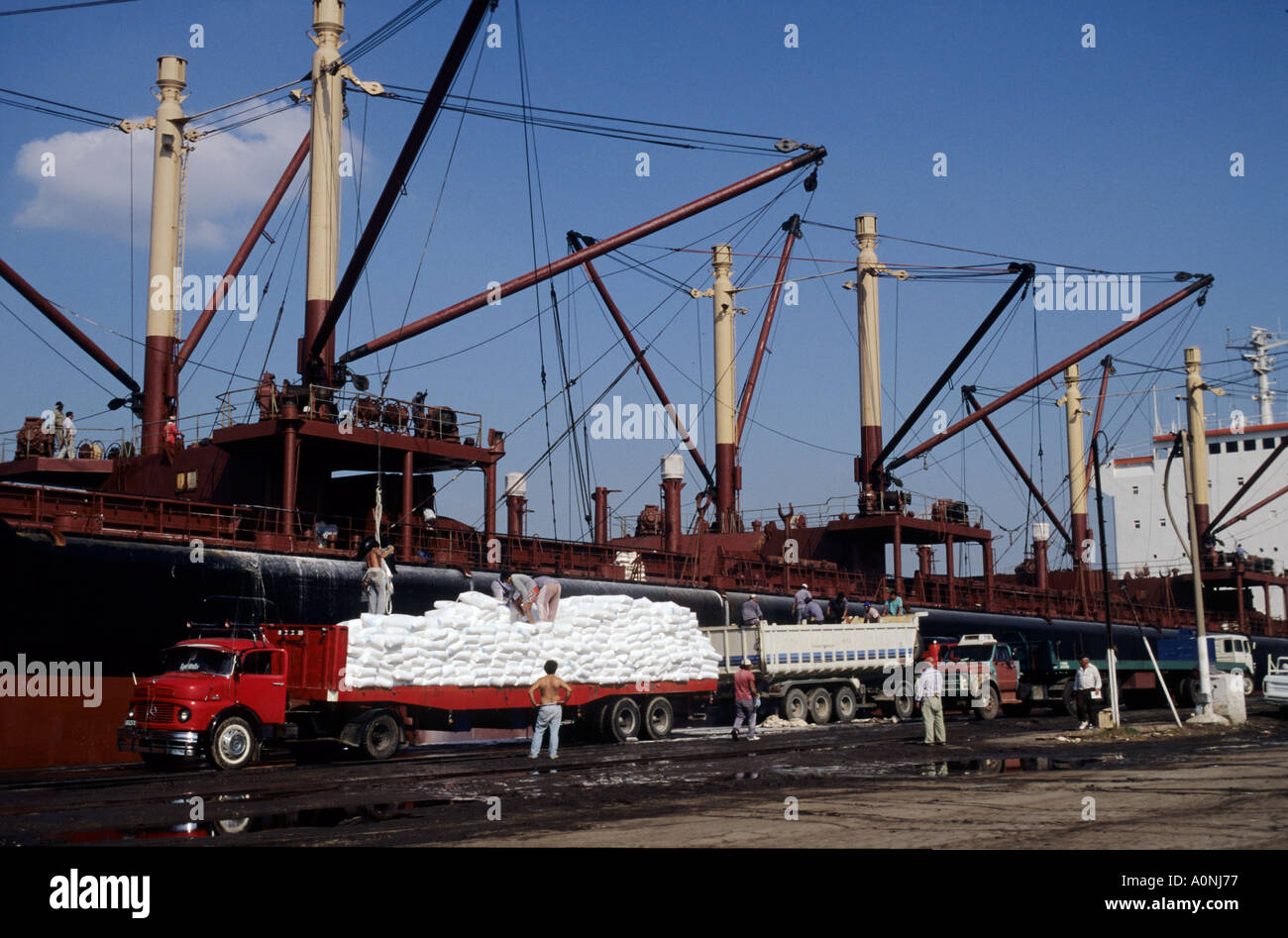 Buenos Aires, Argentina. Porta con sacchi di bianco essendo scaricati su di un carrello a mano da una nave da carico. Foto Stock