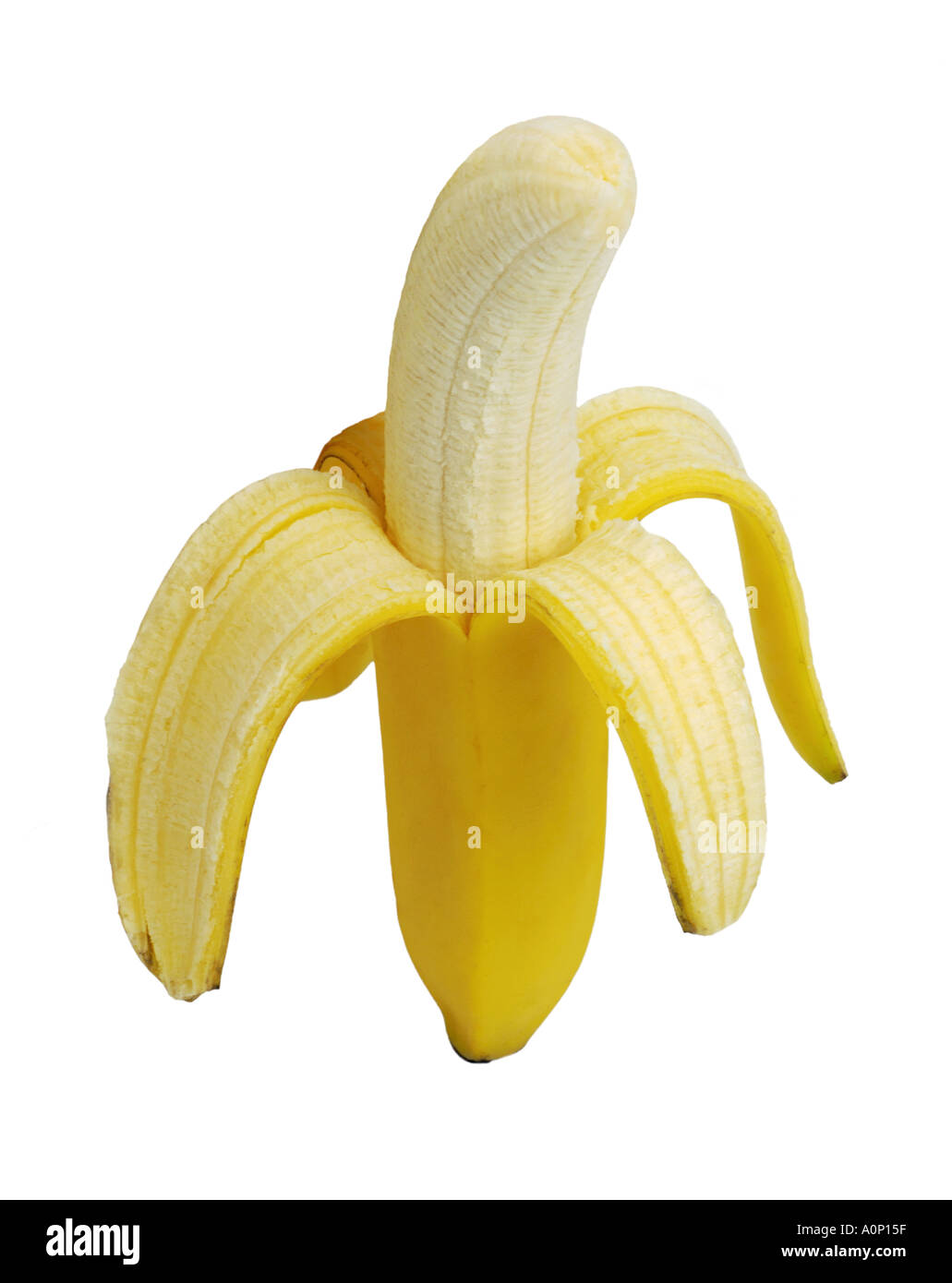 Banana pelata intaglio su sfondo bianco Foto Stock