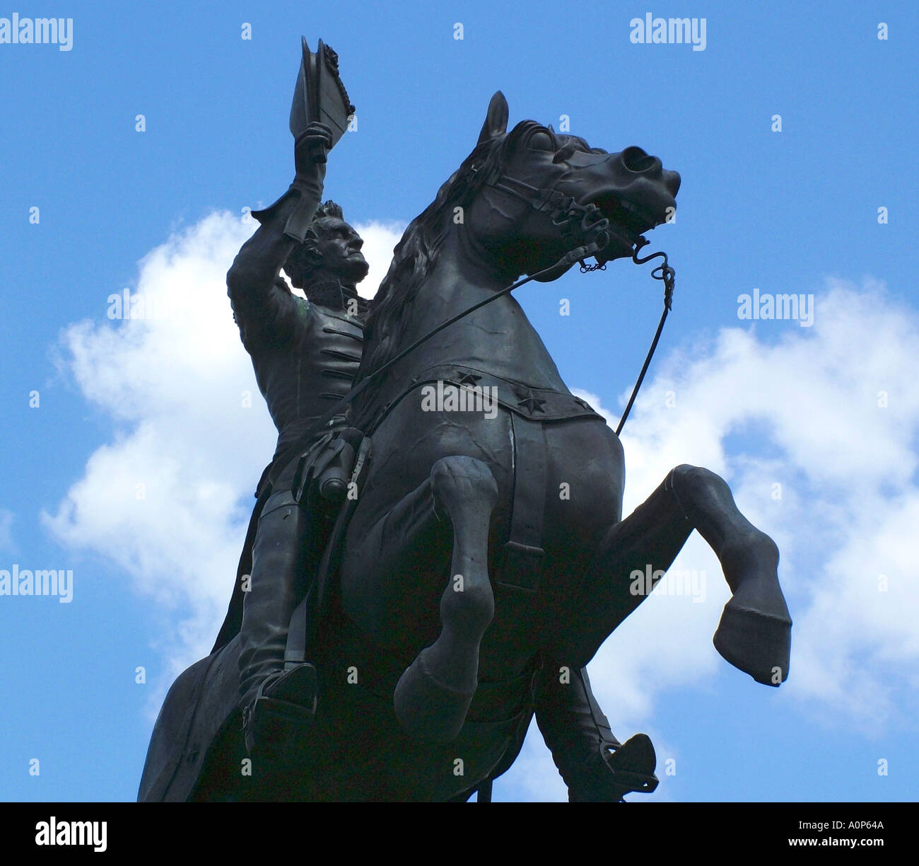 Jackson Square Place d Armes statua equestre di Andrew Jackson statua del generale Andrew Jackson sul suo cavallo il ribaltamento il suo cappello N Foto Stock
