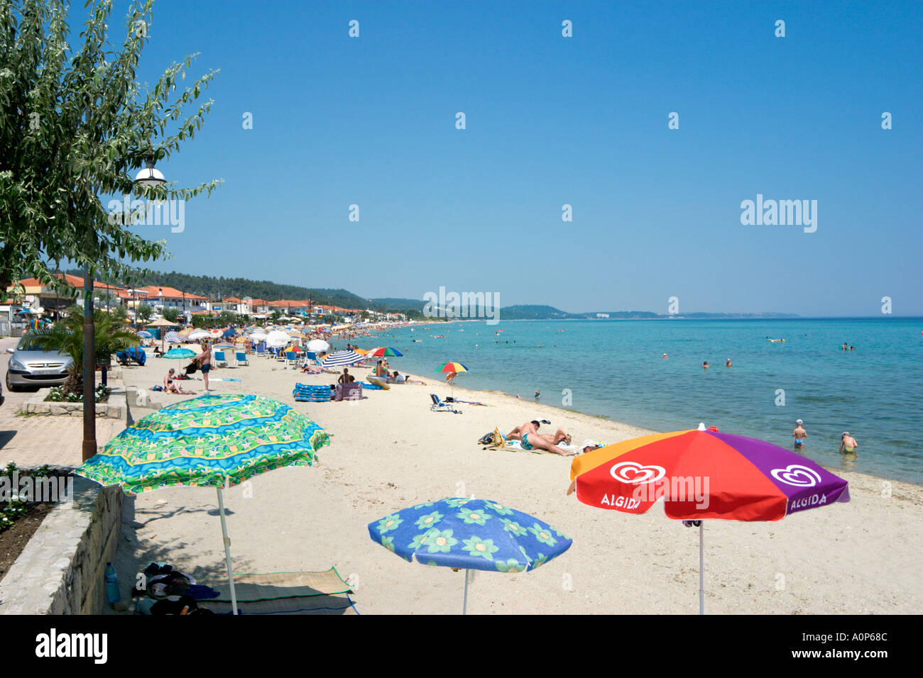 Spiaggia, Polichrono, penisola Kassandra di Halkidiki, Grecia Foto Stock