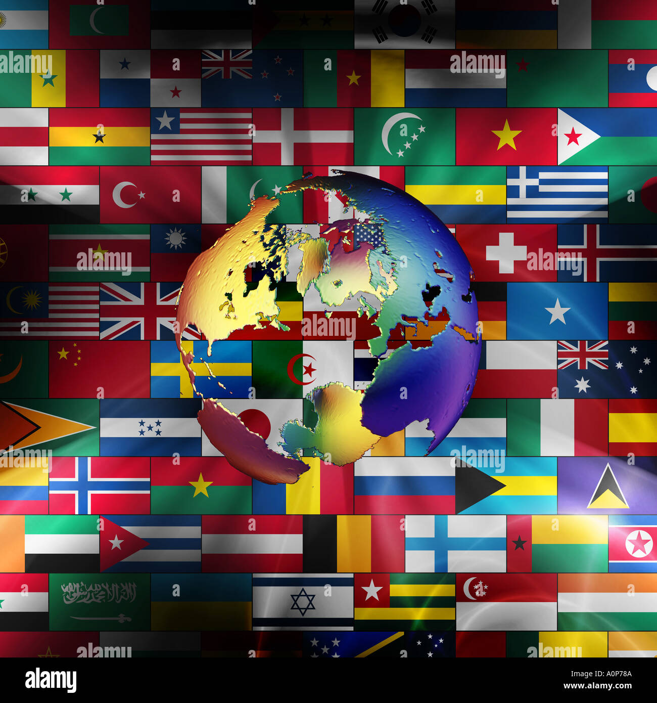 Globo di abbagliamento contro uno sfondo di misteriosamente ombreggiata modello bandiera Foto Stock