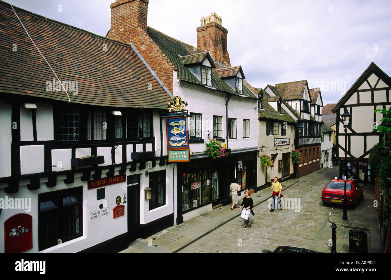 Periodo Tudor case in Pesci Street nella città mercato di Shrewsbury, Shropshire, Inghilterra. Foto Stock