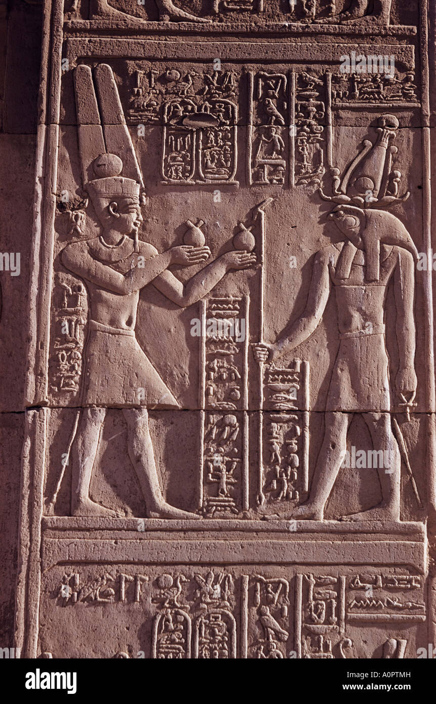 Epoca tolemaica bassorilievo del falco intitolata dio Horus presentato con offerte tempio di Sobek e Haroeris Kom Ombo Egitto Nord Foto Stock