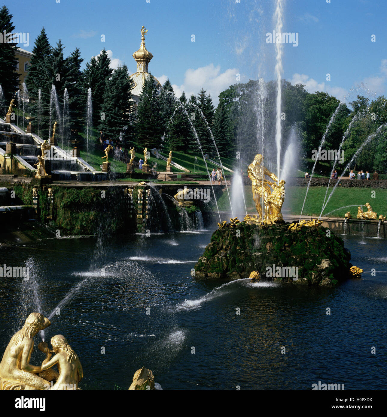 Fontane di Peterhof Petrodvorets San Pietroburgo Russia Europa Foto Stock