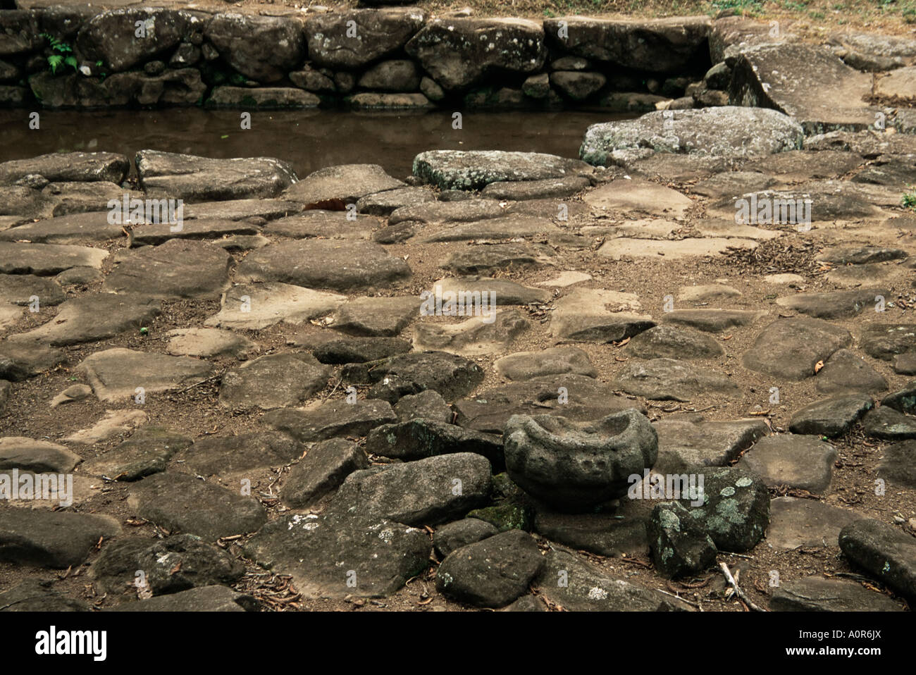 Piscina potabile e decorato di una mola in corrispondenza del sito di scavo di pre colombiana città MONUMENTO DEL CITTADINO DI GUAYABO Turrialba Costa Foto Stock