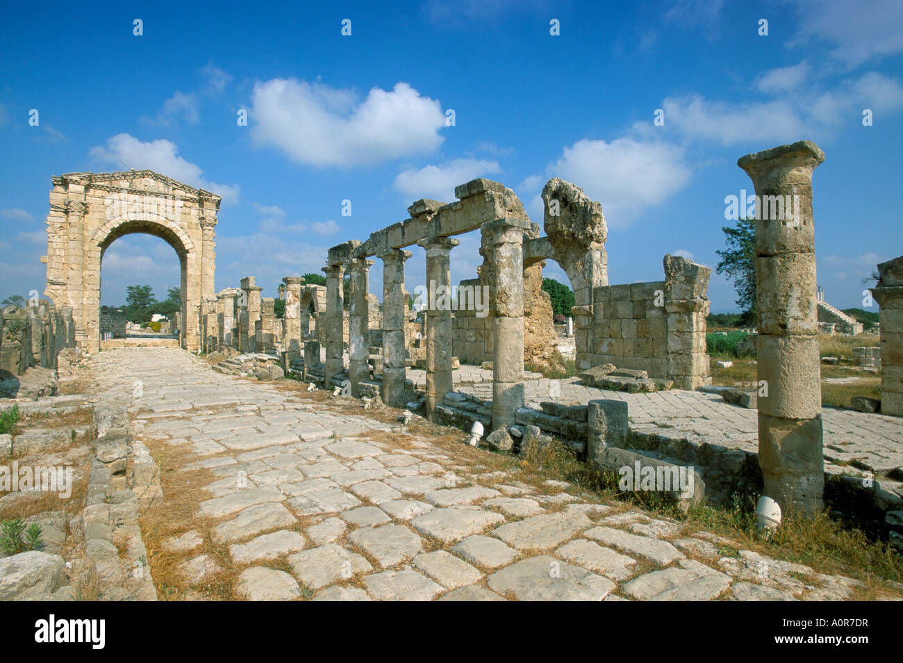 Roman arco trionfale e strade colonnate Al Bas sito UNESCO World Heritage Site pneumatico Sour Libano Medio Oriente Foto Stock