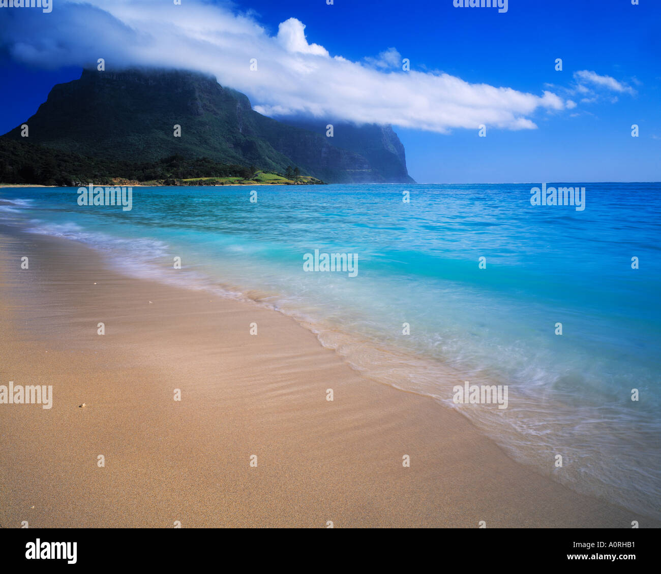 Spiaggia di salmone e Mts Gower Lidgbird Isola di Lord Howe Nuovo Galles del Sud Australia Foto Stock