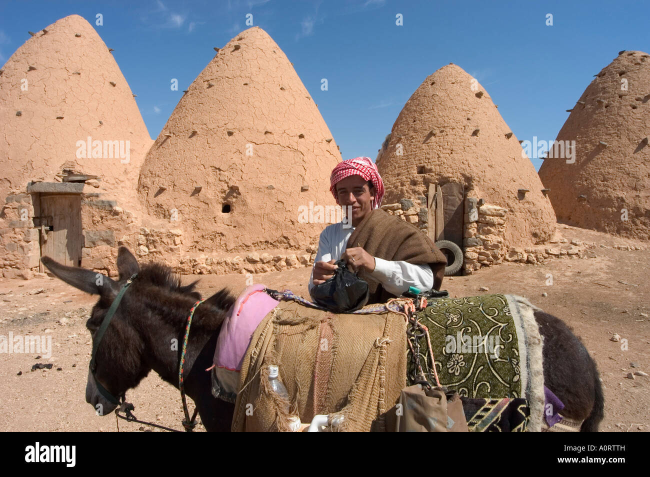 L'uomo su Donkey nella parte anteriore del case alveare costruita in mattoni e fango villaggio Srouj Siria Medio Oriente Foto Stock