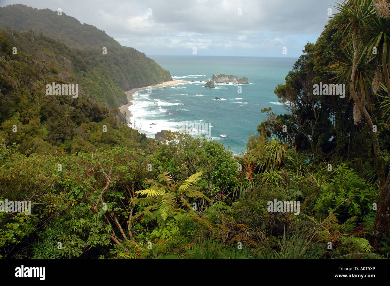 Wild West coast dell'isola del sud della Nuova Zelanda, da cavalieri Point Lookout a nord di Haast Foto Stock