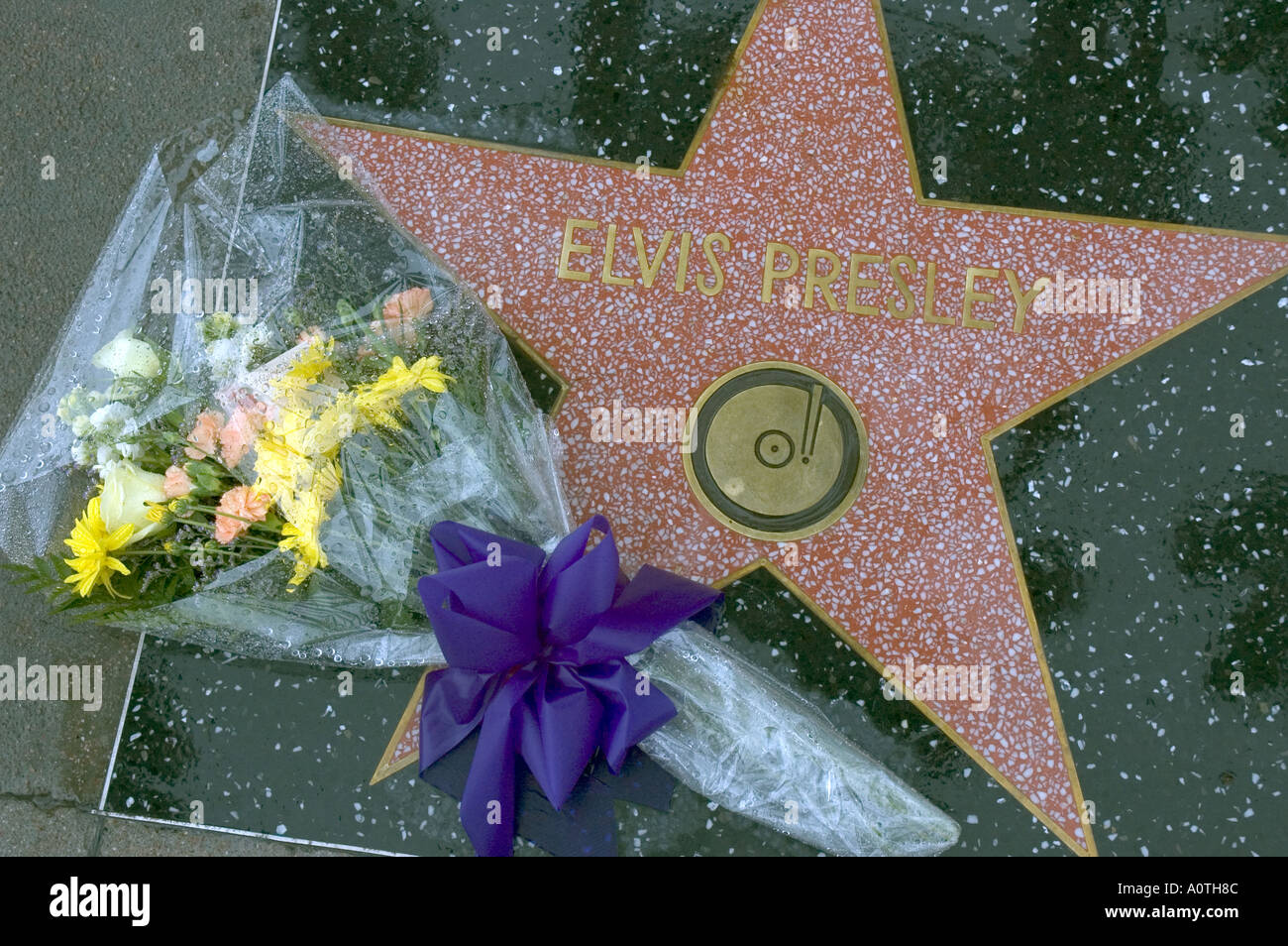 Fiori a sinistra sulla Hollywood Walk of Fame star per Elvis Presley su quello che sarebbe stato il suo settantesimo Foto Stock