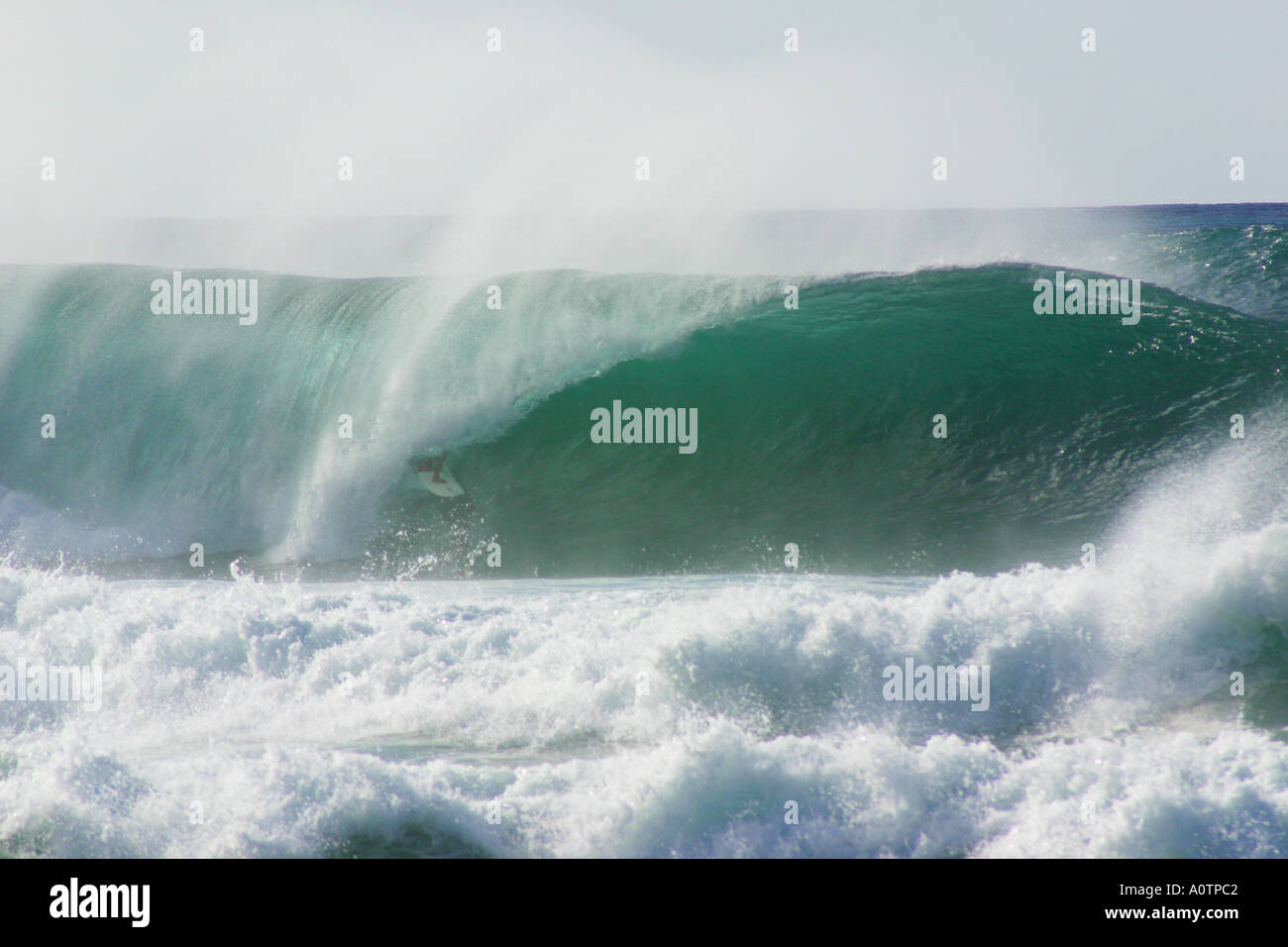 Surfer deep in crash onda tubo gasdotto North Shore di Oahu Hawaii Foto Stock