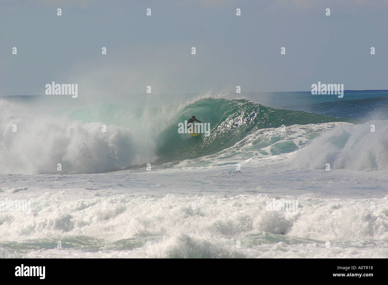 Surfer equitazione grande onda nel tubo North Shore Oahu Hawaii Foto Stock