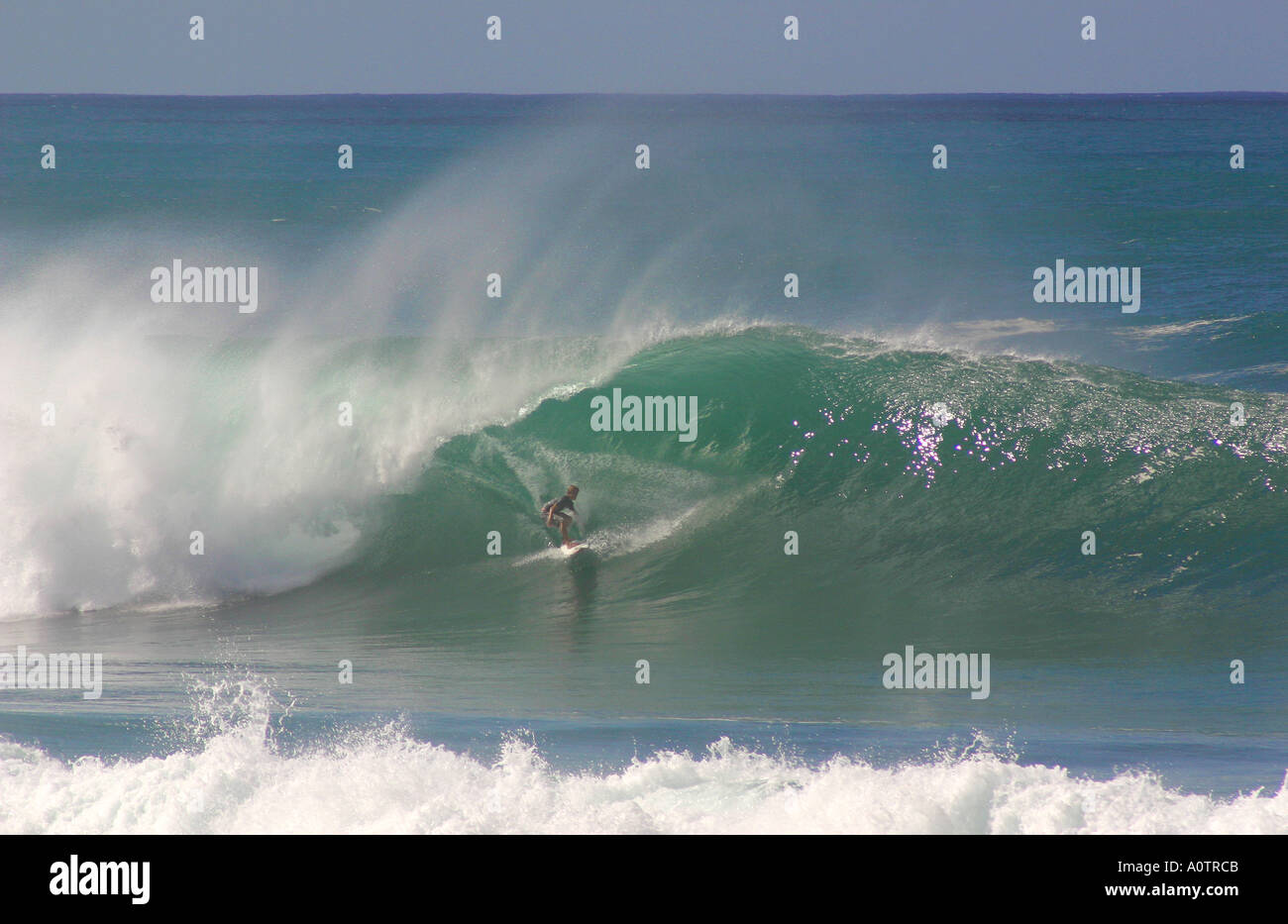 Surfer riding massiccia ondata come tubi gasdotto North Shore Oahu Hawaii Foto Stock