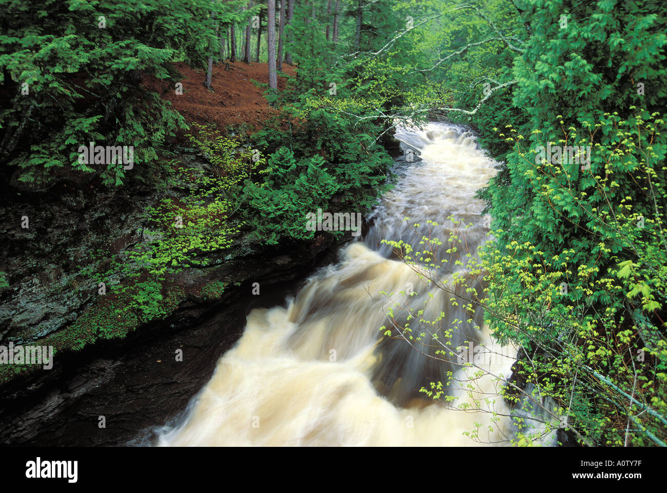 L'acqua che fluisce attraverso il Presque Isle nel fiume Porcupine montagne del Parco Statale Michigan Foto Stock
