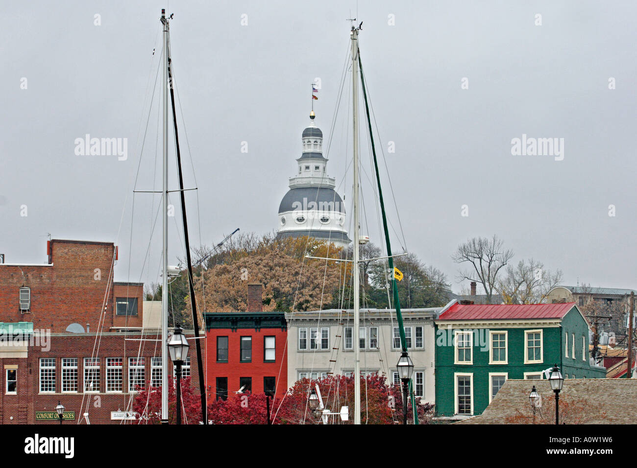 Downtown Annapolis, porto e lo State Capitol Building Foto Stock