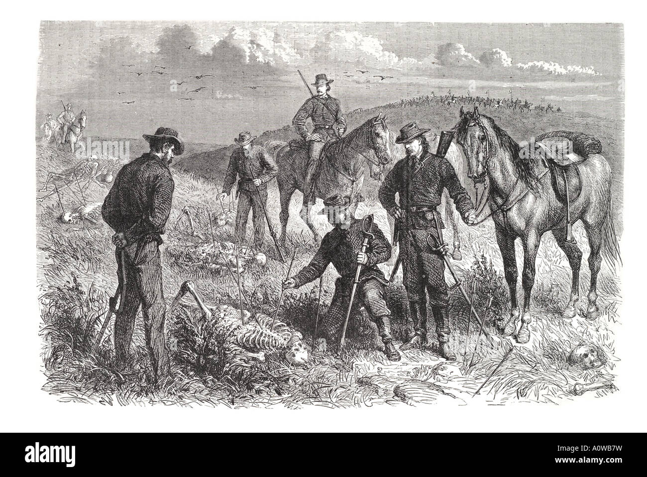 Soldato rosso scheletro indiano campo di battaglia della cavalleria USA America praterie fucile spada cavallo rimangono osso conflitto pianure scout confli Foto Stock