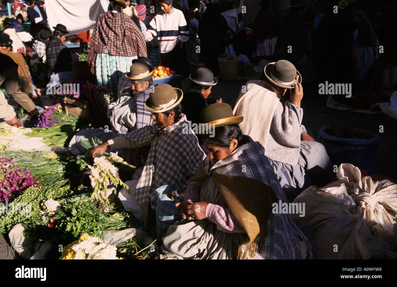 La Paz in Bolivia. Le donne per la vendita di frutta e verdura in strada del mercato Foto Stock