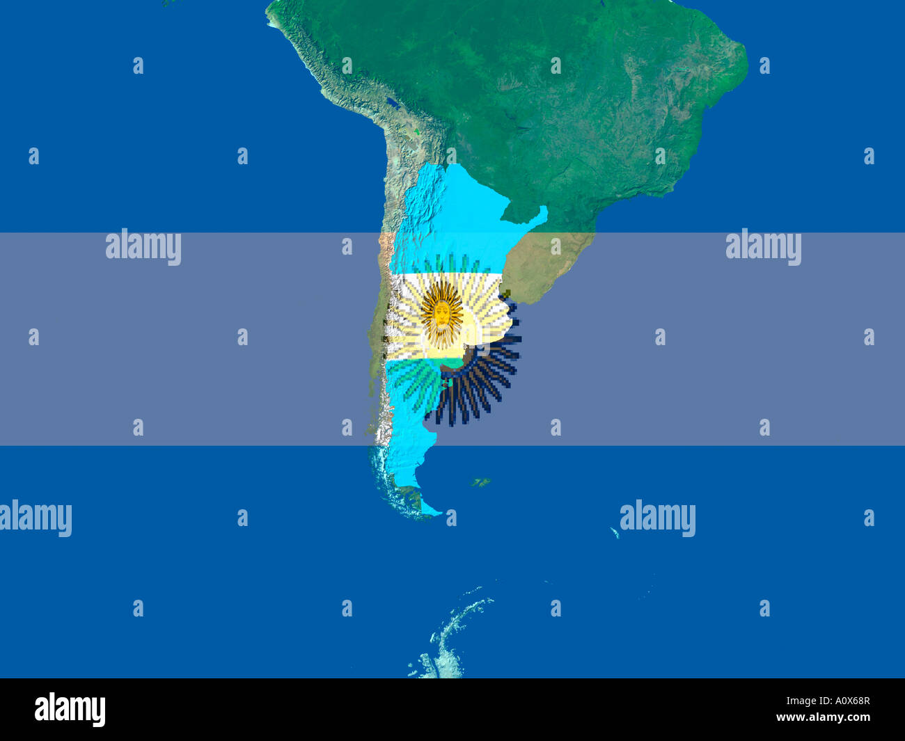 Immagine satellitare della Argentina con il flag di regioni di copertura di esso Foto Stock