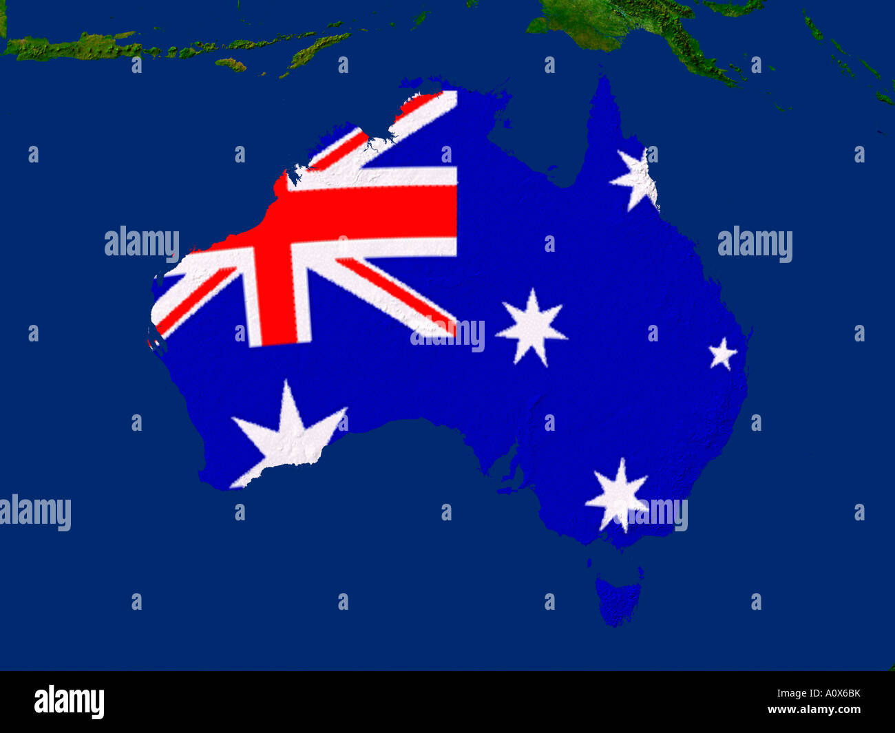 Immagine satellitare di Australia con il flag di regioni di copertura di esso Foto Stock
