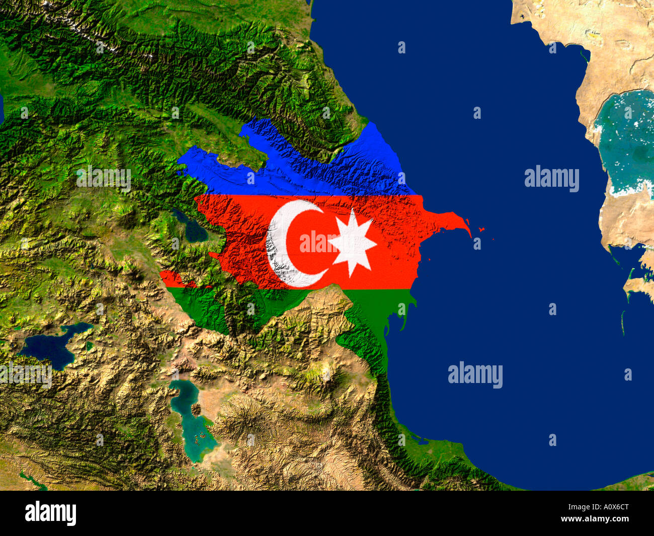 Immagine satellitare di Azerbaigian con il flag di regioni di copertura di esso Foto Stock