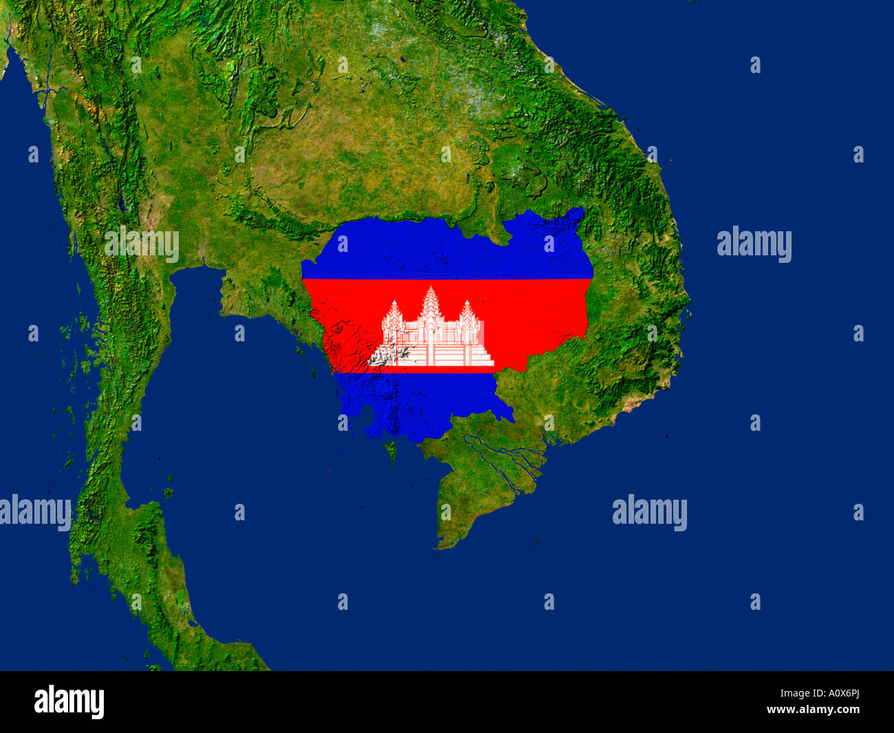 Immagine satellitare della Cambogia contemplati da tale paese la bandiera Foto Stock