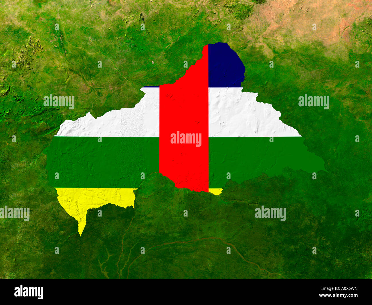 Immagine satellitare della Repubblica Africana Centrale coperta da tale paese la bandiera Foto Stock