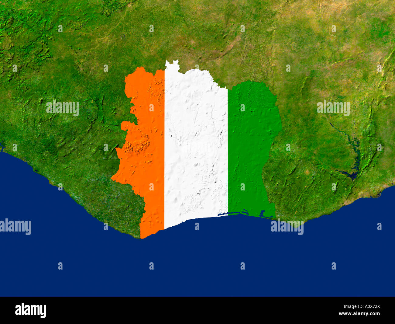 Immagine satellitare della Costa d'Avorio contemplati da tale paese la bandiera Foto Stock